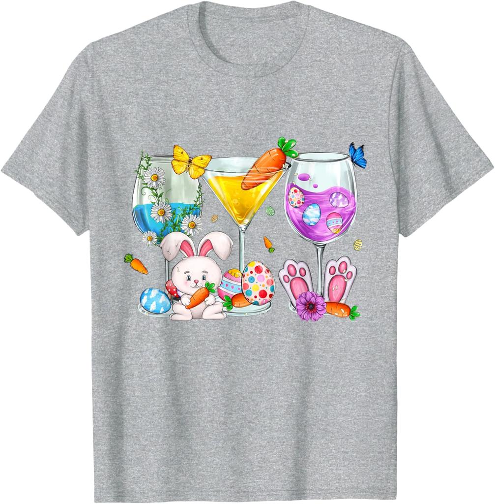 Easter Bunny Cocktail Glasses Wine Lover Martini Graphic T-Shirt Casual Daily Crew Neck Tee