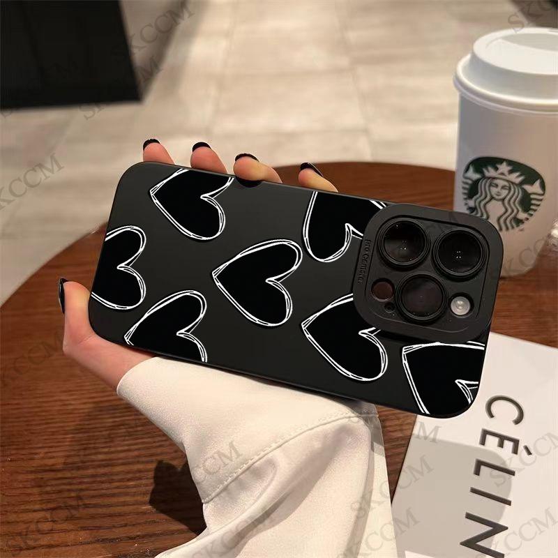 Luxury Black Love Heart Soft Silicone Phone Case For iPhone 15 14 13 12 11 Pro Max Mini XR X XS Max 7 8 Plus Shockproof Cover