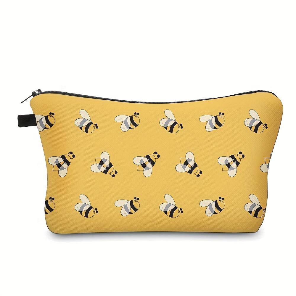 Yellow Cartoon Bee Print Makeup Storage Bag, Cute Portable Zipper Cosmetic Bag, Lightweight Durable Toiletry Bag
