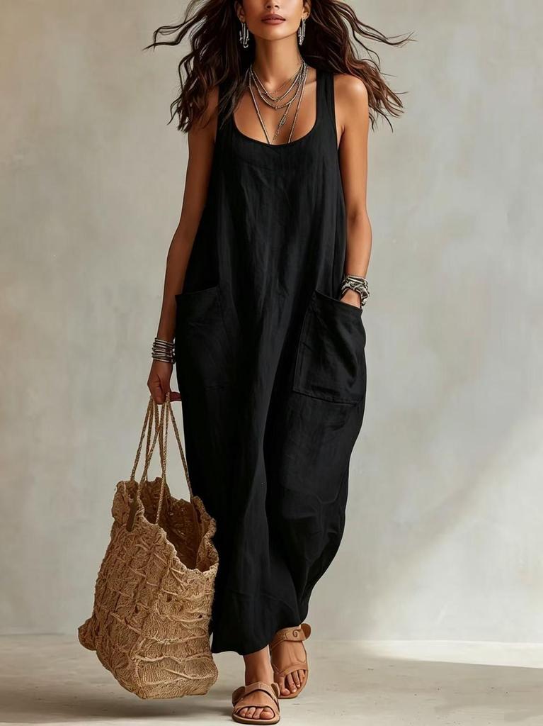 2026 Summer European-American Cotton Linen Casual Pocket Spaghetti Strap Long Dress