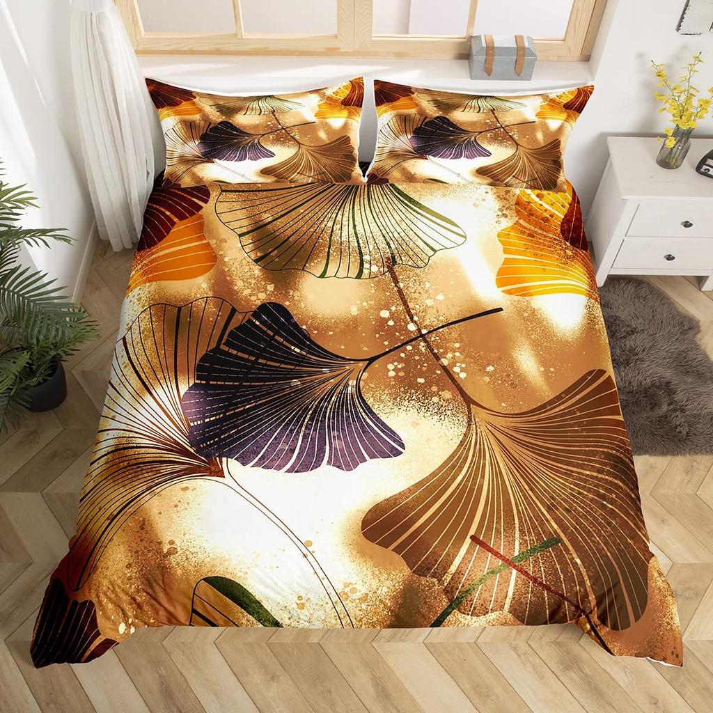 Ginkgo Leaves King Queen Duvet Cover Black Golden Ginkgo Biloba Leaf Bedding Set Botanical Quilt Cover Polyester Comforter Cover
