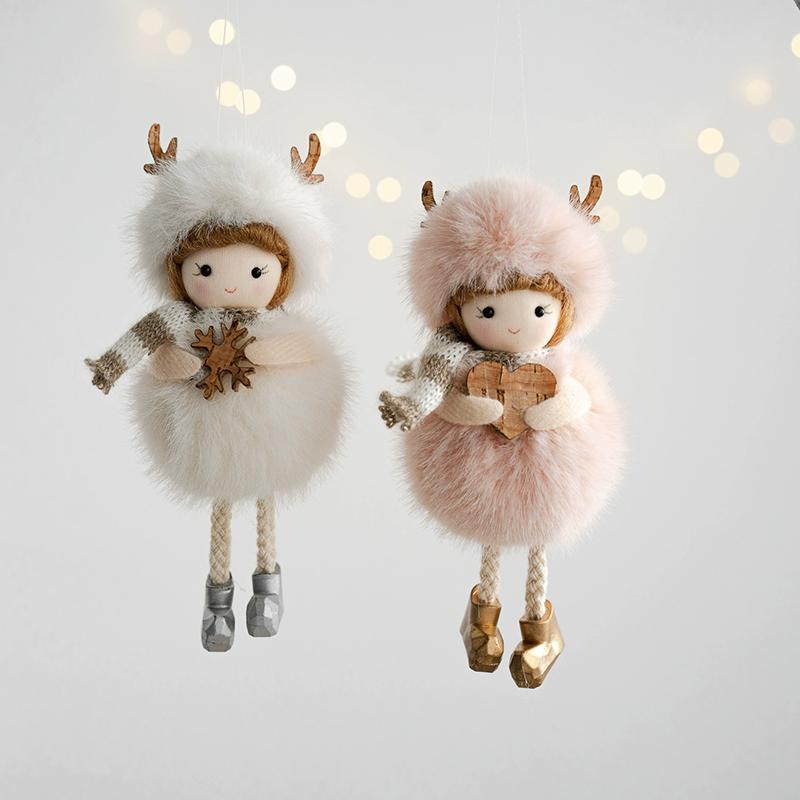 WTEMPO Charming Angel Round-Bellied Deer Antler Doll Hanging Pendents White Pink Christmas Ornaments Easy-Hang for Christmas Tree & Festive Party