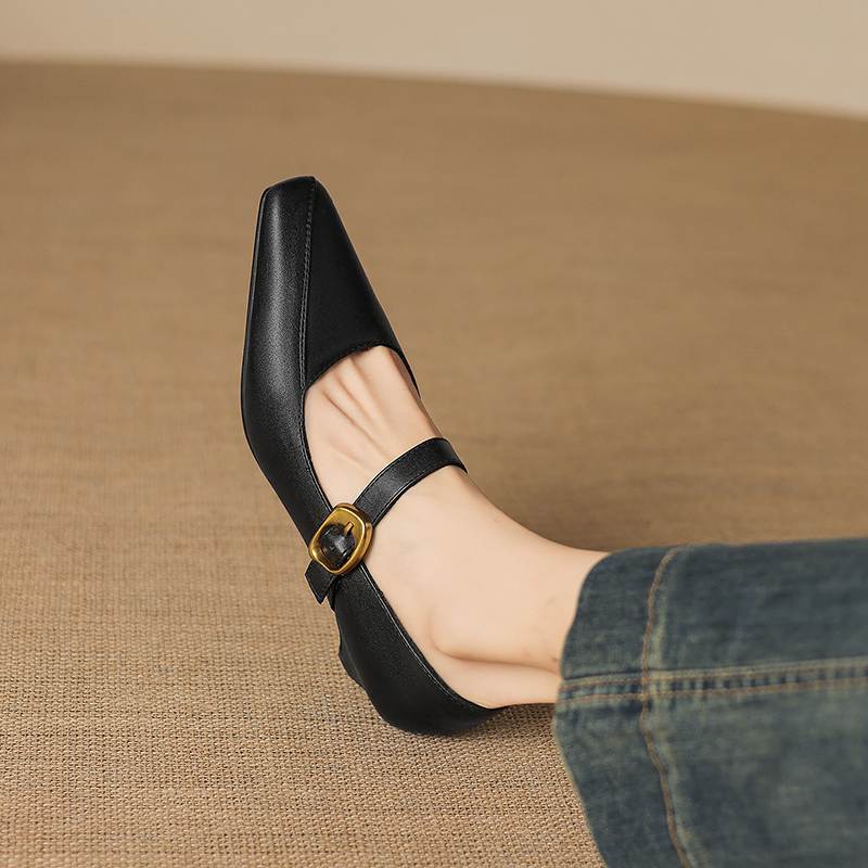 Krazing Pot Microfiber Square Toe Thick Med Heels Spring Summer Shoes Big Size 43 Metal Buckle Women Office Lady Pumps