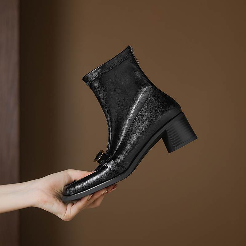 Krazing Pot Microfiber Square Toe Thick Heels Chelsea Boots Size 42 Zip Women Metal Buckle Elastic Ankle Boots