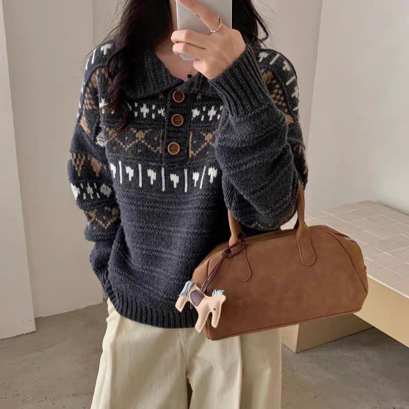 Elegant Printed Loose Knitted Women Sweater Autumn Winter Outer Wear Loose Thickened Sweaters Long Sleeve Casual Office Tops Simple Lapel Clothing