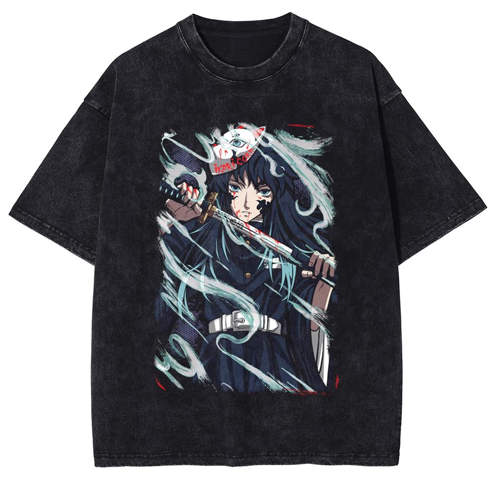 Anime Demon Slayer Tokitou Muichirou Graphic Washed Tee Men Casual Loose Tshirts Manga Cotton T Shirt Harajuku Male T-shirt
