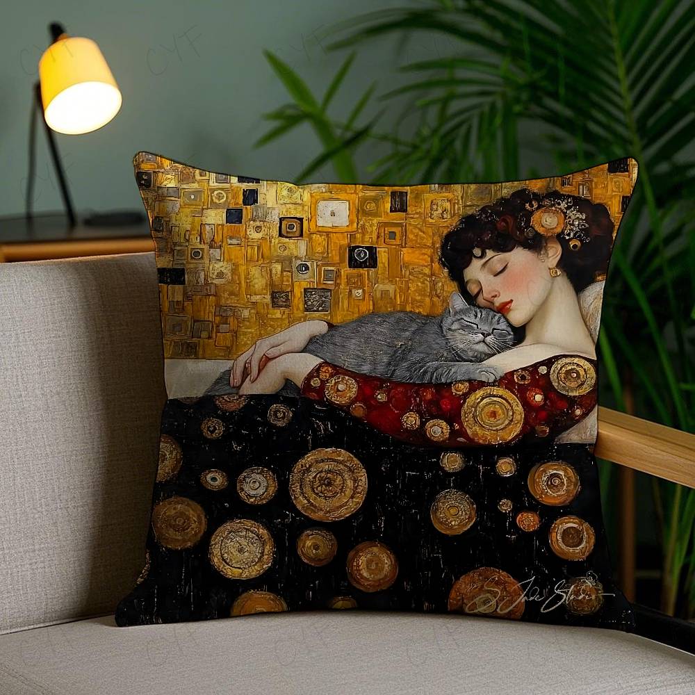 Gustav Klimt Oil Painting Pillow Case Safe Custom Photo Pillow, Anti-fade Brushed Fleece Cushion, Maternal & Infant Safe.