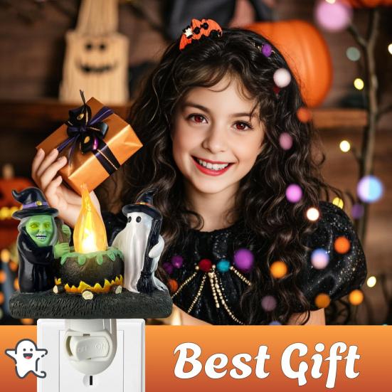 Ghost Witch Campfire Nightlight Spooky Fake Campfire Flickering Night Light Vintage Halloween Wall Light for Halloween Bedroom Home Decor