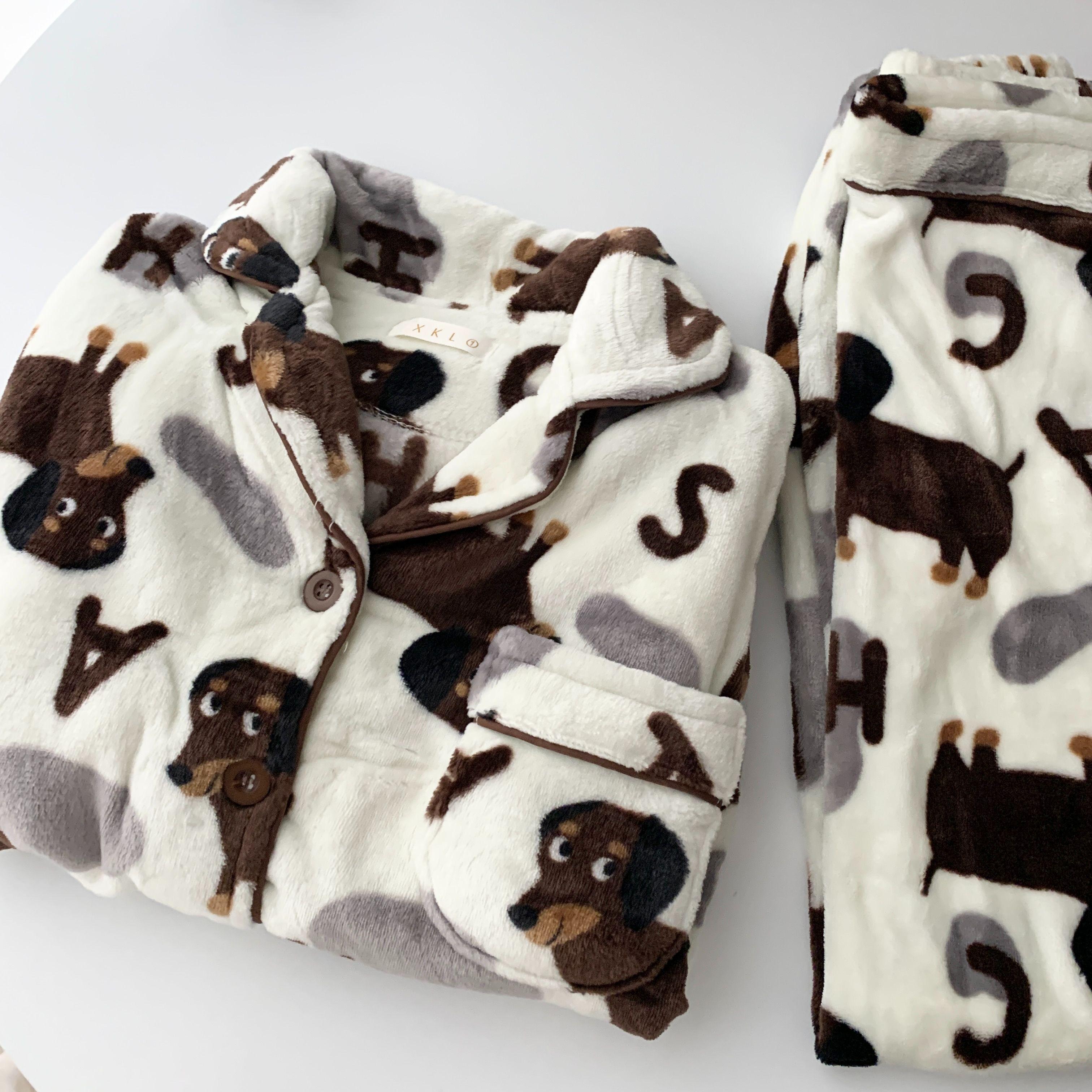 

Осенне-зимняя женская пижама с милым принтом таксы, флисовый плотный комплект из двух предметов, ночная рубашка, брюки с длинным рукавом M