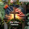 2D Flat, 1pc Round Aluminum "God Bless America" Sign, Sunset Cross & US Flag Metal Plaque, Waterproof & Rustproof, Perfect for Memorial Day, 4th of