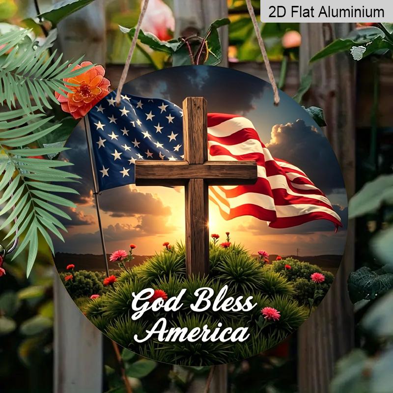 2D Flat, 1pc Round Aluminum "God Bless America" Sign, Sunset Cross & US Flag Metal Plaque, Waterproof & Rustproof, Perfect for Memorial Day, 4th of