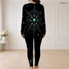 Women Plus Size Black Turquoise Gold Printed Front Zip Long Sleeve Two Piece Pants Set