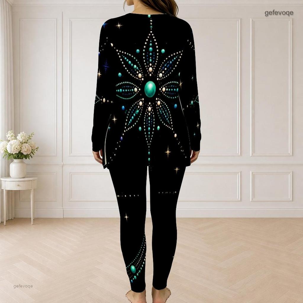 Women Plus Size Black Turquoise Gold Printed Front Zip Long Sleeve Two Piece Pants Set