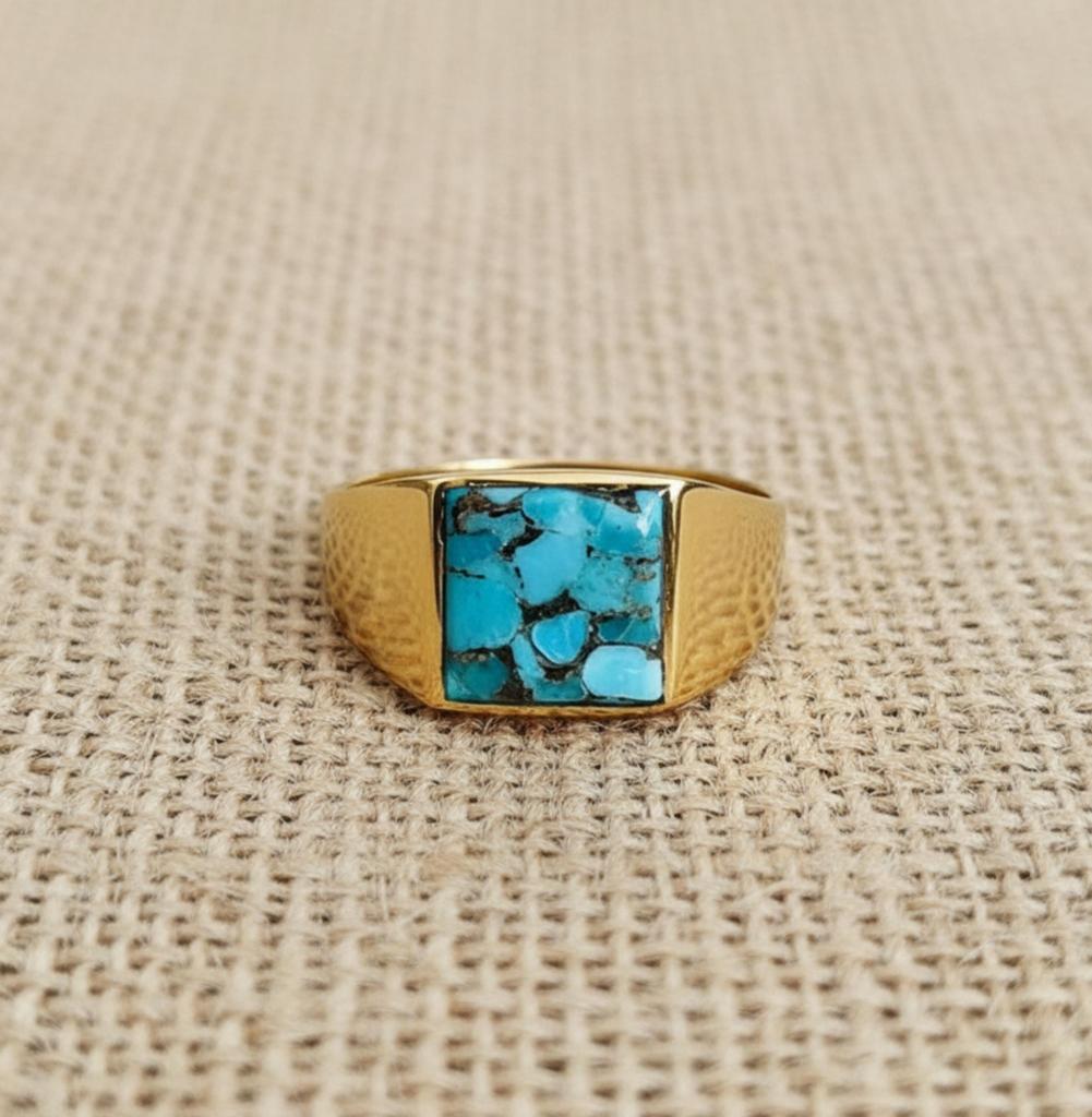 Blue Copper Turquoise Ring, 925 Sterling Silver Ring, Turquoise Signet Ring, Pure Copper Ring, Handmade Unisex Jewelry