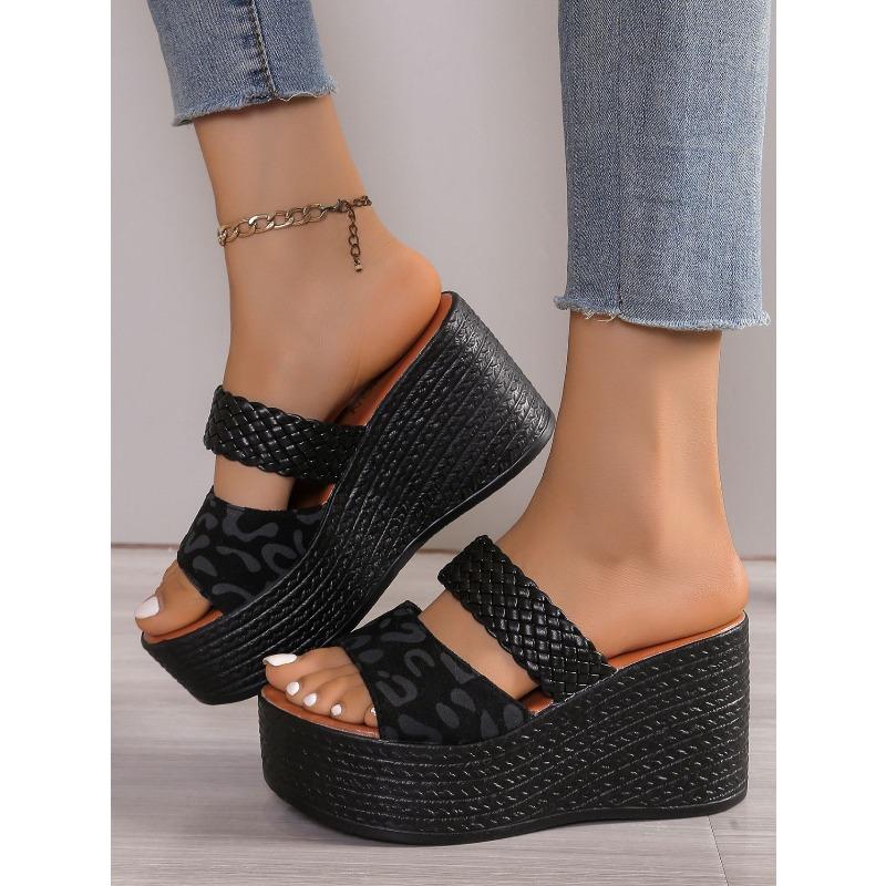 Leopard Print Open-Toe Platform Slippers for Women, Plus Size Thick-Soled Slippers