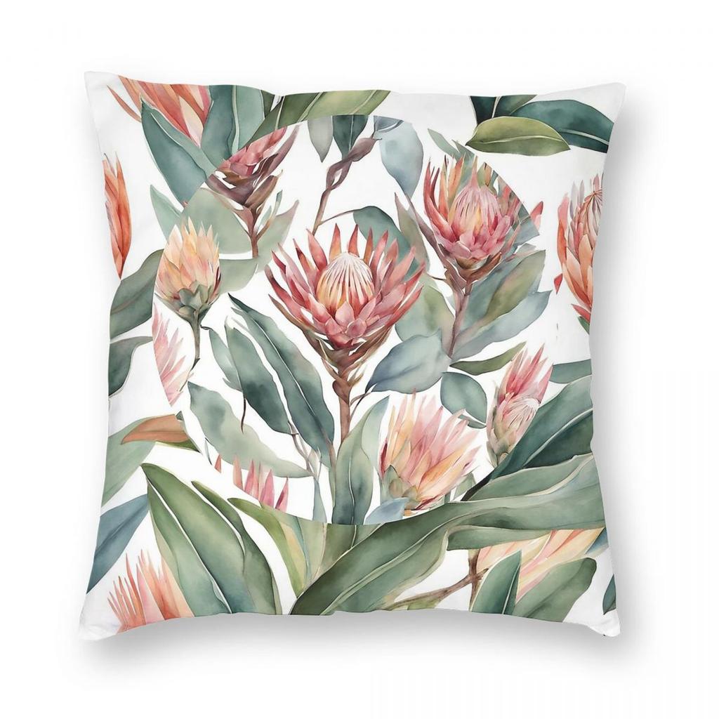 Protea Flower Lovers Square Pillowcase Polyester Linen Velvet Creative Zip Decor Room Cushion Cover