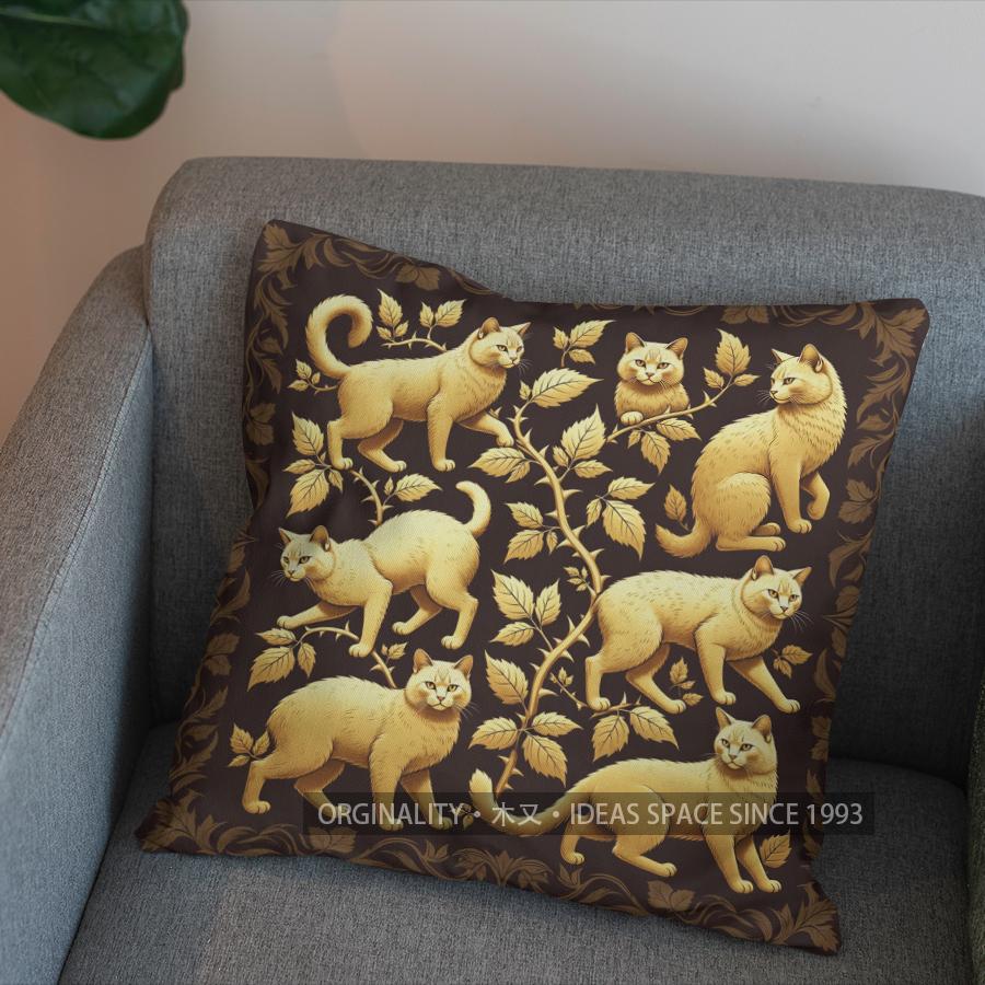 2D Golden Cats And Thorns Pattern Pillow Cover Pattern Cushion Cover Suitable For Sofa Bedroom Car Pillow Cover