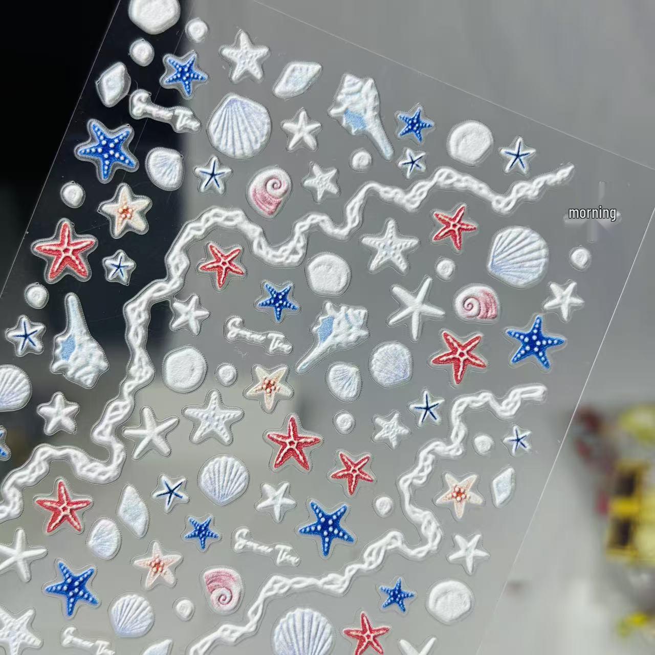 

Embossed Starfish Seashell Nail & Phone Stickers: Sparkly, Simple, Cute Adhesive Designs YF090