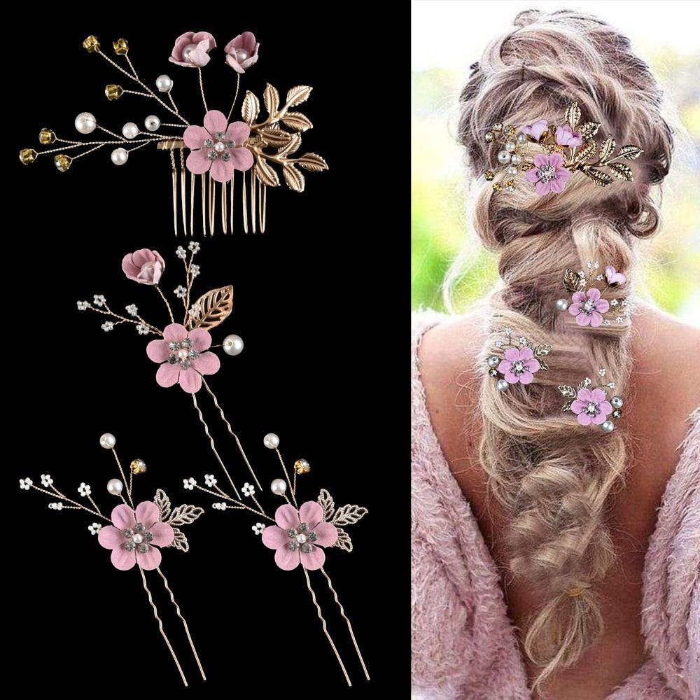 4Pcs/set Gold/Silver Bridal Headband Rhinestone Headpiece Elegant Flower Hair Comb Prom Event