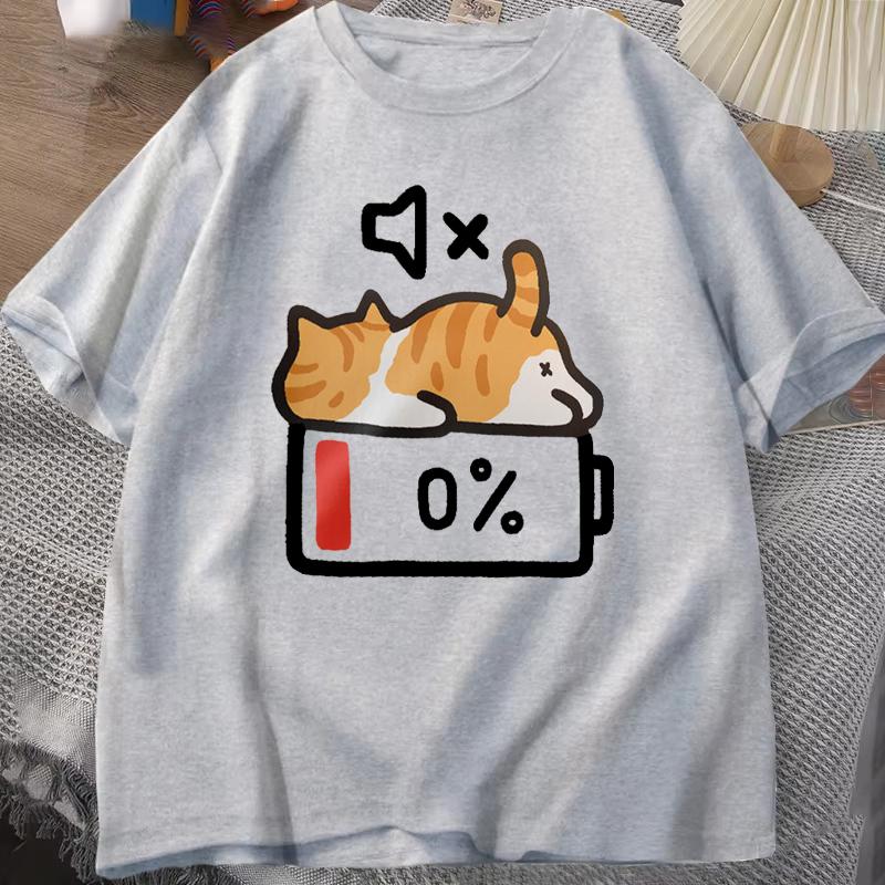 Retro Style Cat Printing Loose Short Sleeves T-shirt Woman Men Summer Round Neck Tops