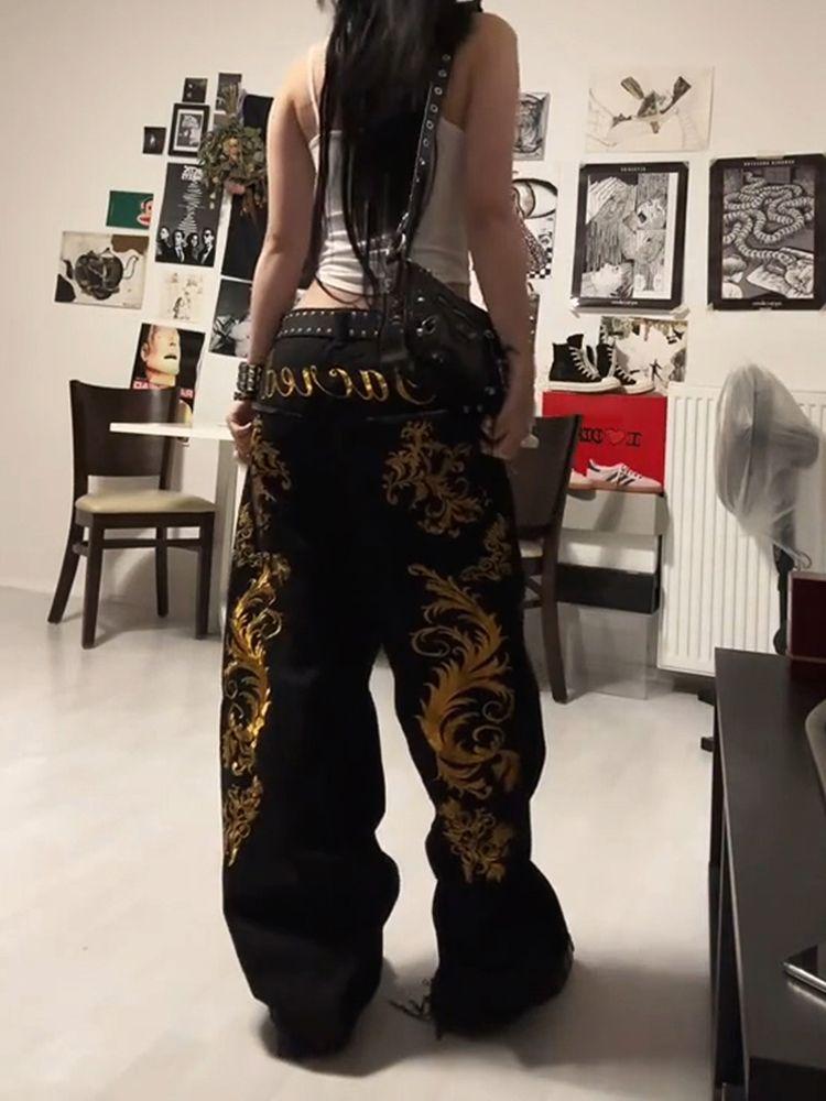 ZYLLO American Retro Dragon Print Straight Jeans Millennium Subculture Fashion Harajuku Hip Hop Y2k Pants Baggy Jeans