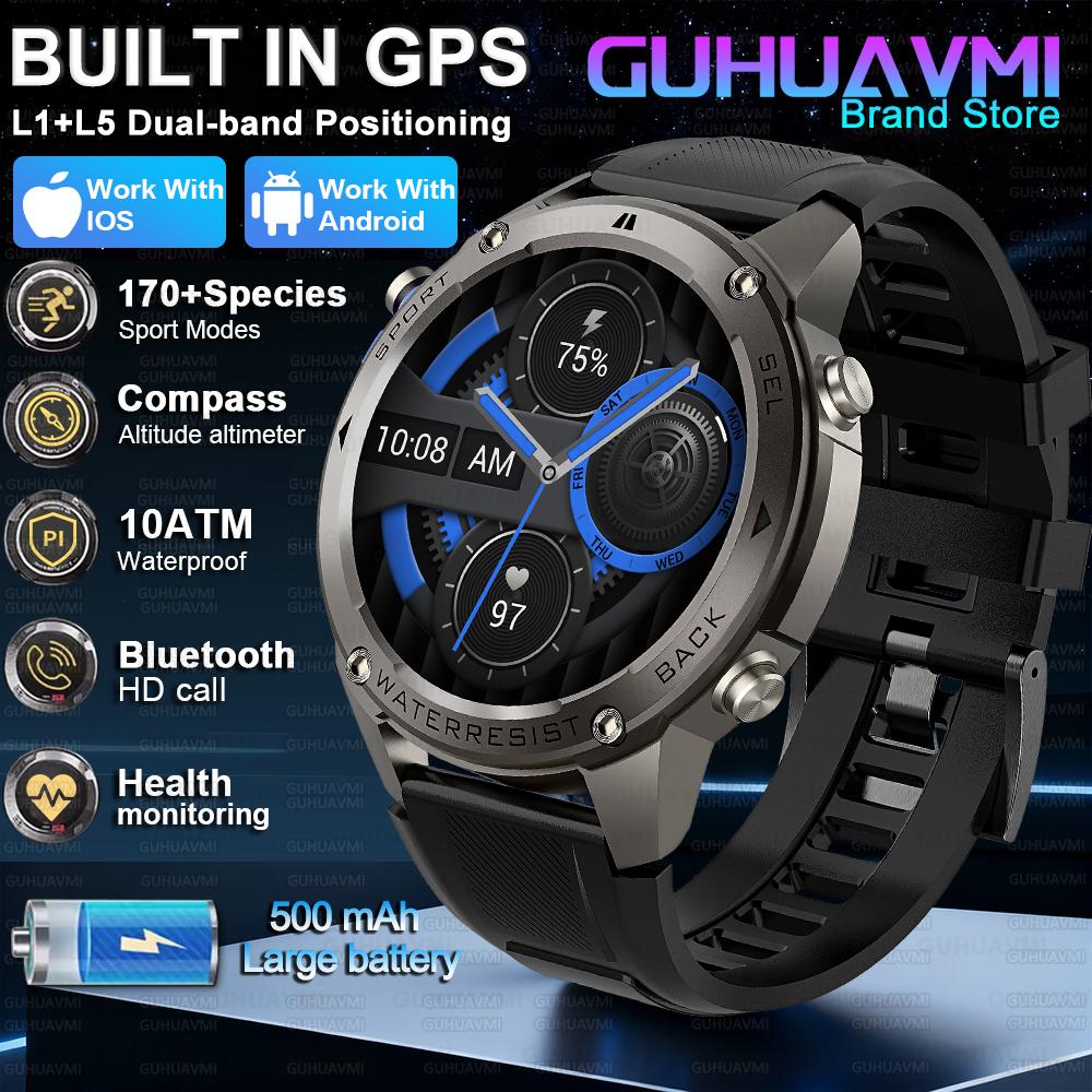 

New Military GPS SmartWatch Swim 10ATM Waterproof Built-in Dual-band GNSS Compass 1.43 Screen Sport Smart Watche Men GPS Sports Watch чорний
