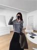 Women's College Style Striped Half-Zip Knitted Wool Cashmere Sweater, Loose Fit, Pullover