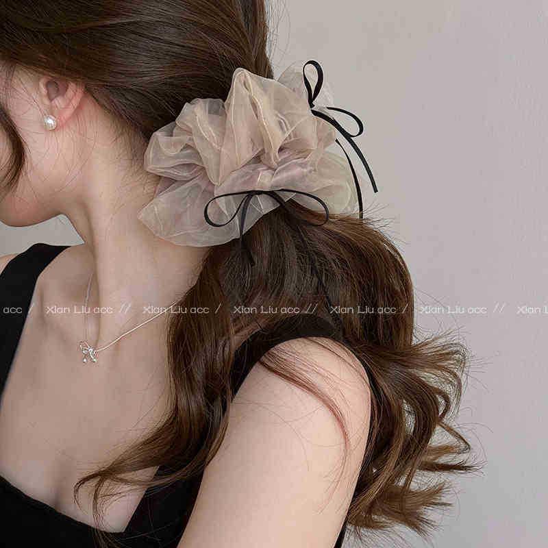 Korean Style Sweet Bow Fluffy Mesh Hair Tie for Women's Bun