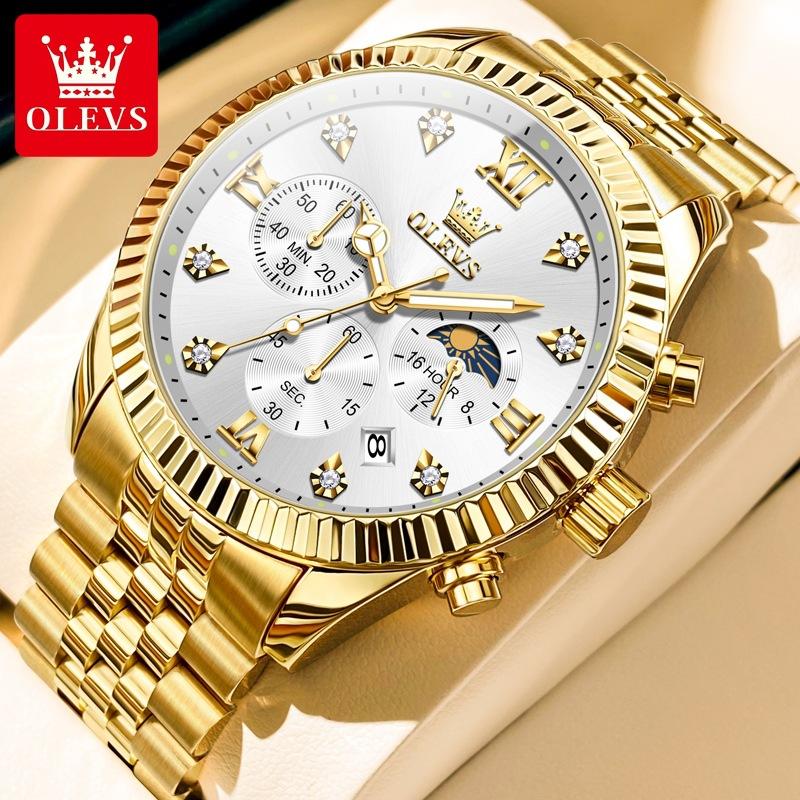 

Мужские часы OLEVS Оригинальные кварцевые наручные часы Хронограф Шкала с цирконами Водонепроницаемые Светящиеся часы для мужчин Три маленьких циферблата белый