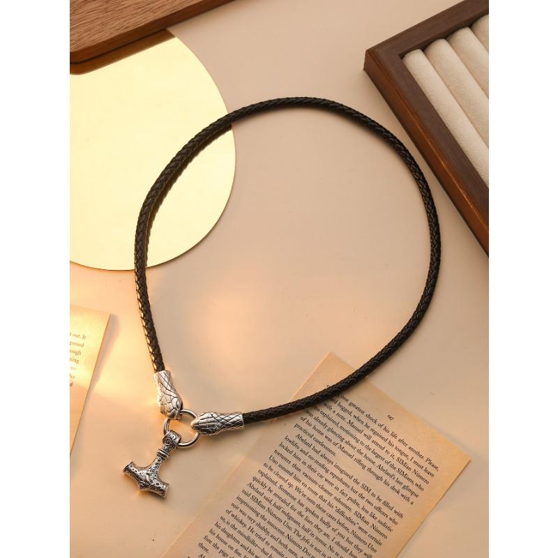 Thunder God Hammer Celtic Wolf Head Pendant Necklace Men's Woven Leather Necklace