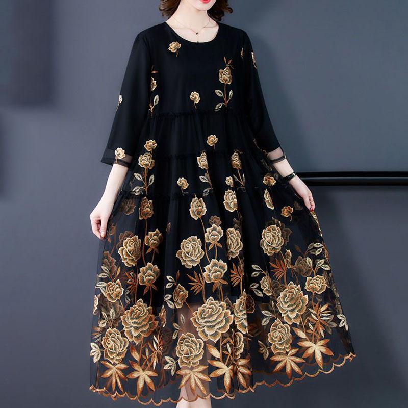 Rochie lungă rotundă brodată pentru femei, plasă, toamnă, largă, linie A, mărimi mari