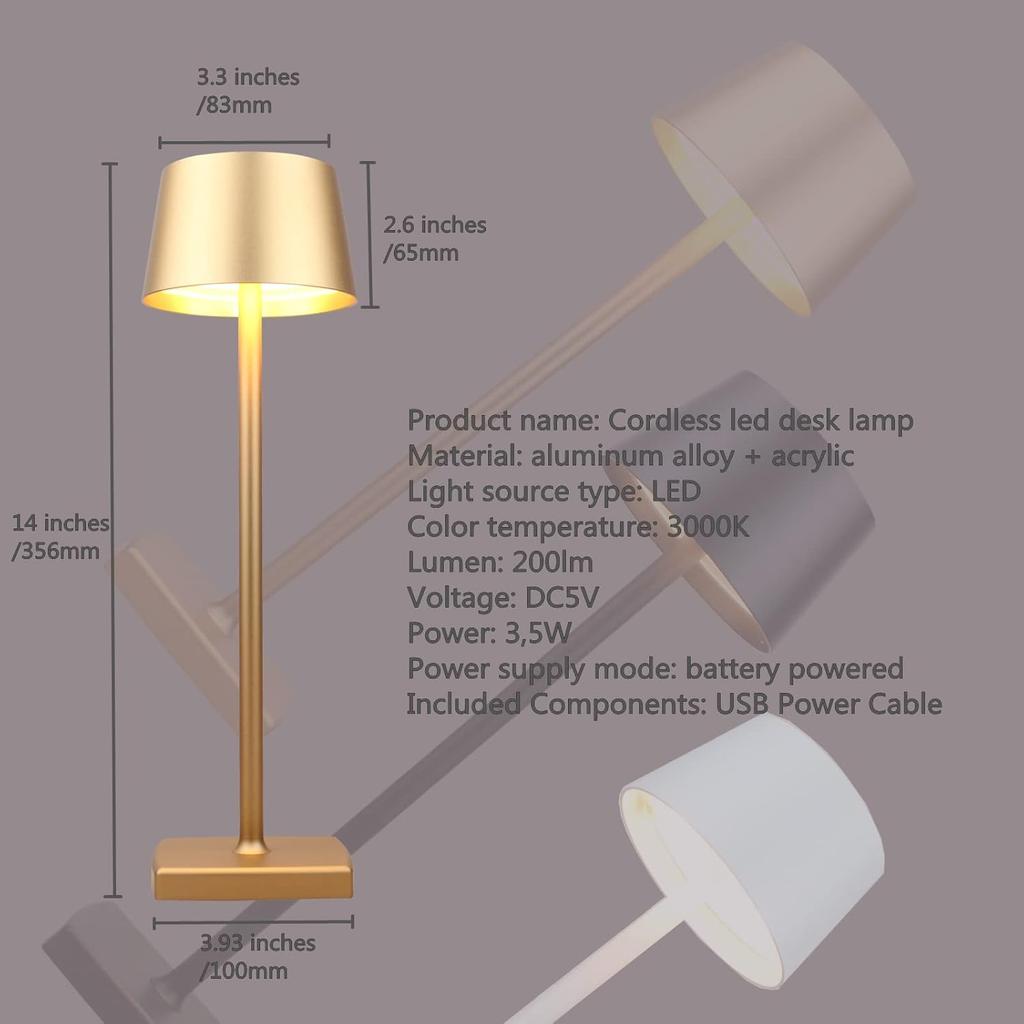 Rechargeable led Cordless Table lamp,Aluminum, dimmable, Suitable for Indoor and Outdoor Lighting Gold