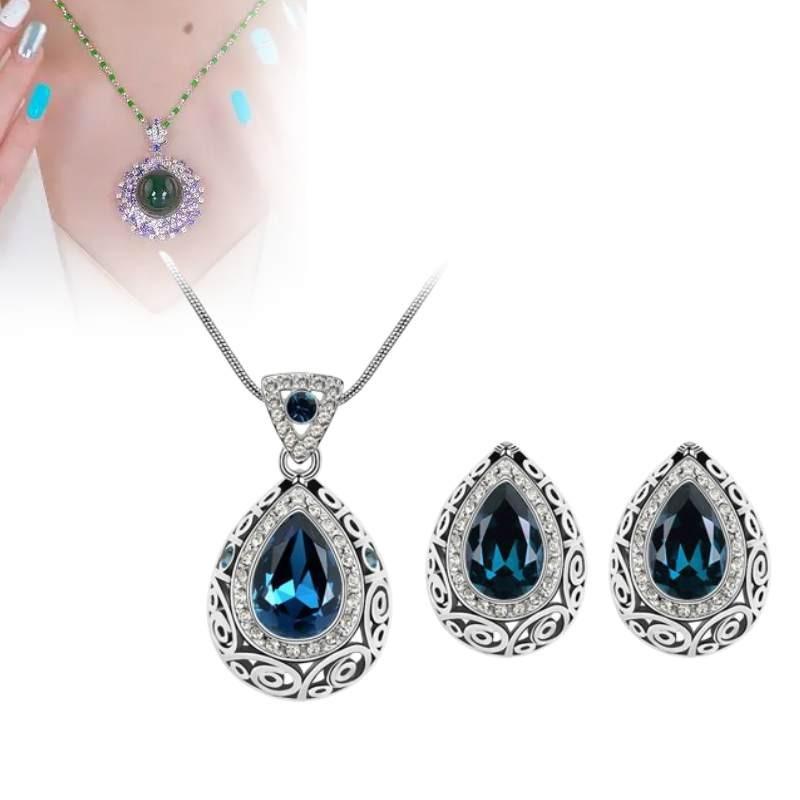 Teardrop Necklace Shaped Earrings Alloy Jewelry Set Women Fashion Gift Blue