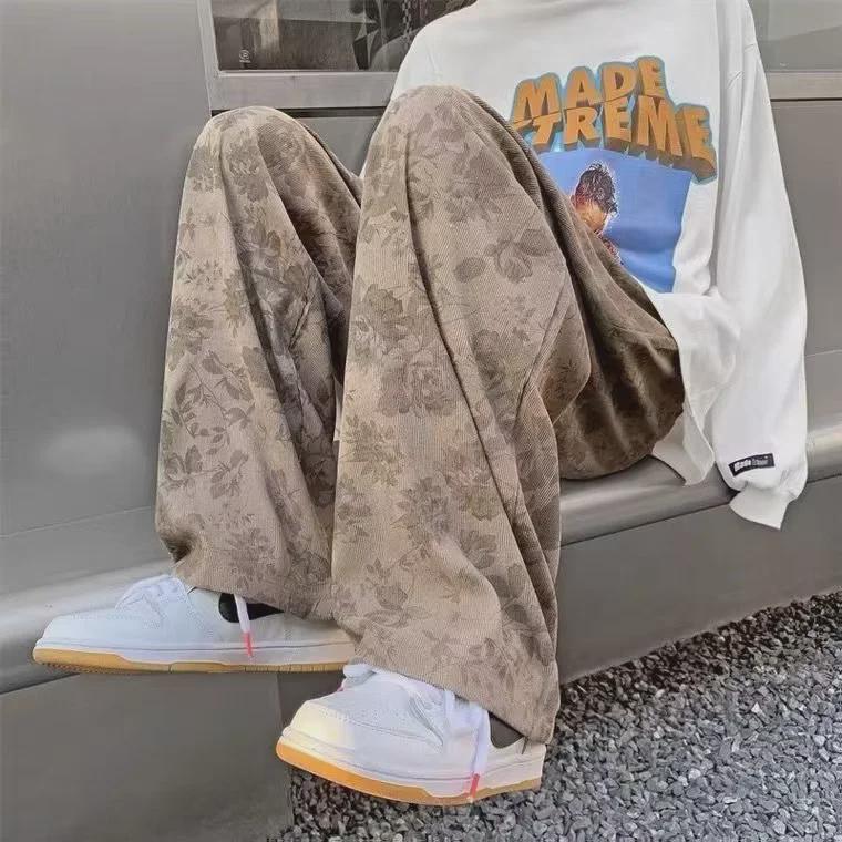 Men's Spring Retro Floral High-Waist Loose Straight Trousers - Trendy Slim Wide-Leg Pants