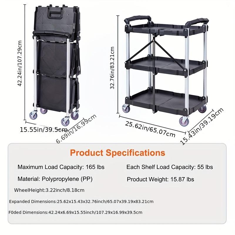 No Assembly Foldable Service Carts with Wheels 3 Tier Portable Utility Rolling Tool Garage Cart Collapsible Storage Cart