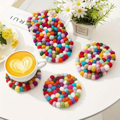 1pc Round Felt Ball Coasters Wool Colorful Absorbent Coasters Handmade Felt Coasters for Drinks Rainbow Felt Coasters for Drinks Office Home Bar Decor