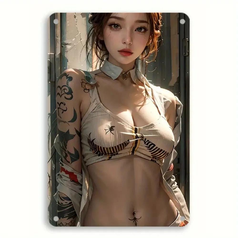 

Hisun Tin Sign HD Metal Tin Sign Tattooed Asian Girl Portrait Vintage Wall Art Decor for Home Bar Cafe Garage Retro Metal Poster Plaque Gift 20x30cm
