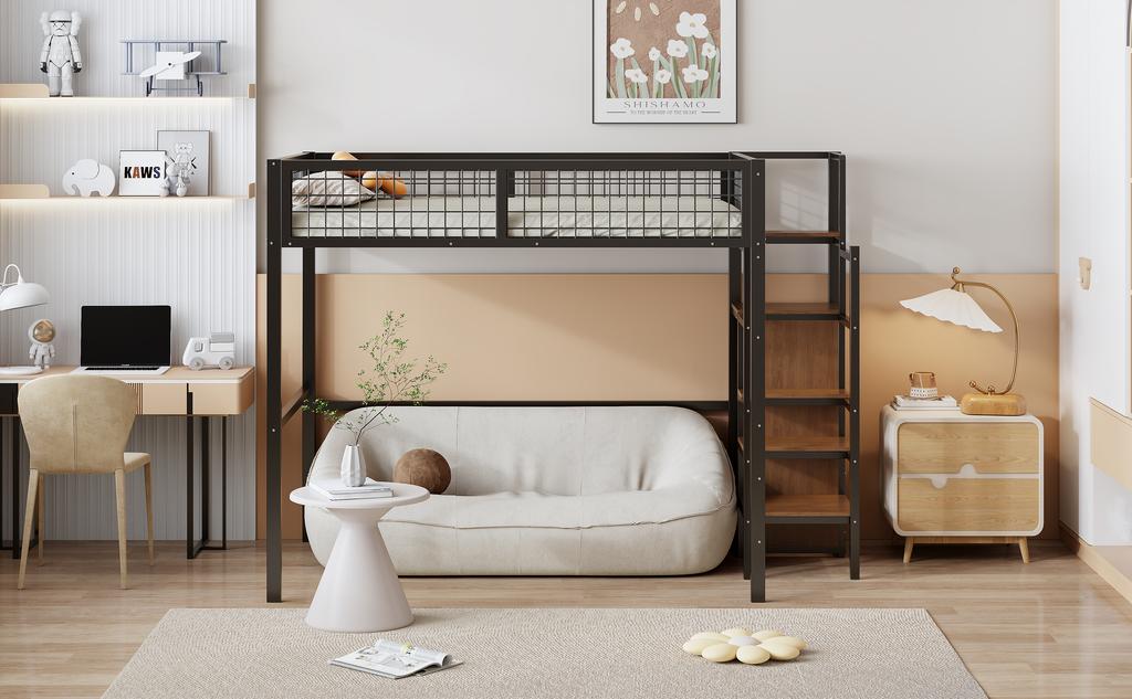 Letto a soppalco 140*200 con scaletta, letto per bambini con struttura in ferro e mensola portaoggetti, armadio nero (Vecchio SKU LDB00198AAB)