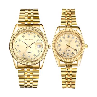 Stylish and Simple Gold Couple Watches: Diamond, Analog Display, Stainless Steel, Calendar, Waterproof, Quartz Movement, Leisure, Business, Couple's