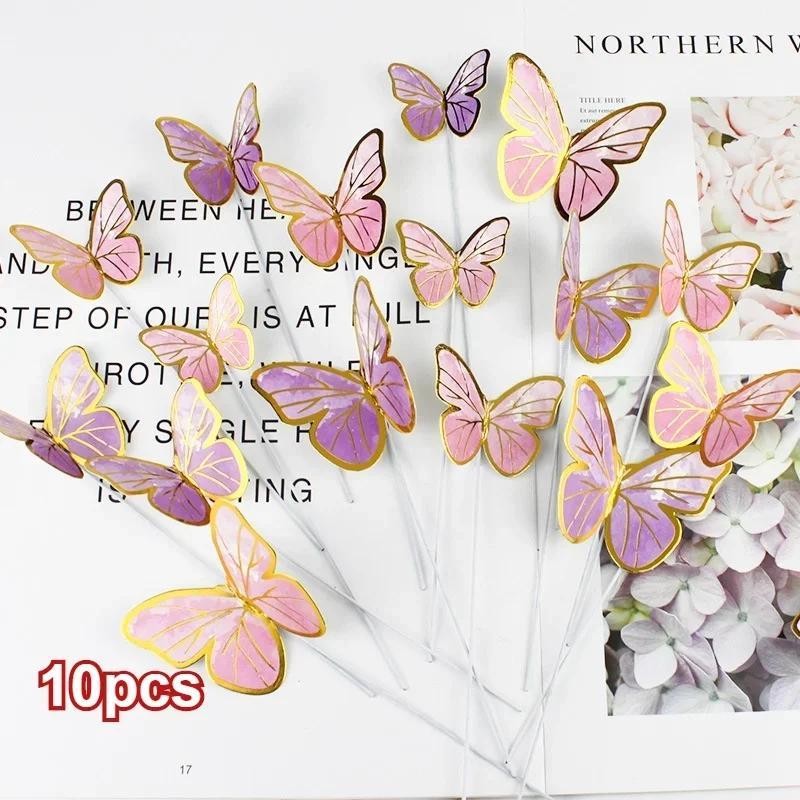 10 Pcs Baking Tools Colorful Gilts Edged Butterfly Topper Happy Birthday Cake Decoration Wedding Bride Dessert Party Decor Tools