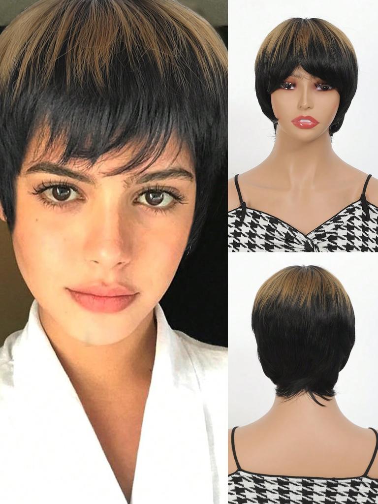 Synthetische Perücke 12 Zoll Pixie Cut Perücken für Frauen Haar Kurze Perücken mit Pony Schwarz Gemischt Braun Beliebte Mode Hitzebeständige Haarteile