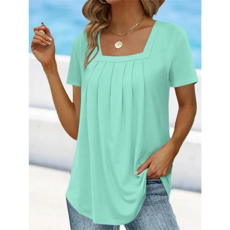 Women Square Neck Short Sleeve Blouse With Pleated Front And Curved Hem Casual Multi Color Summer Top