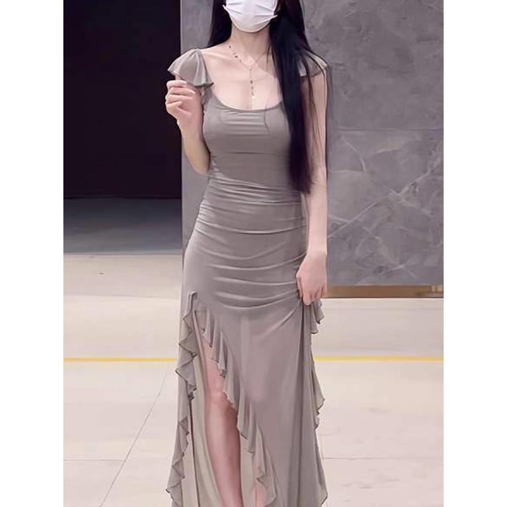 New French Pure Desire Feifei Sleeve Mesh Dress Waist Skinny Medium and Long Dress Pure Desire Wind Split Spice Girl Skirt