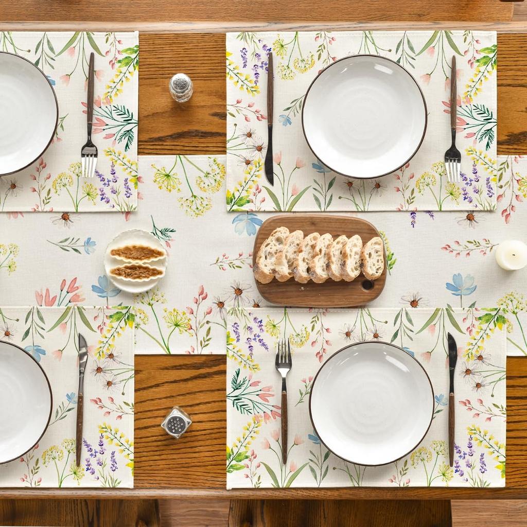 Artoid Mode Flowers Floral Summer Placemats Set of 4, 12x18 Inch Seasonal Spring Table Mats for Party Kitchen Wedding Dining Decoration