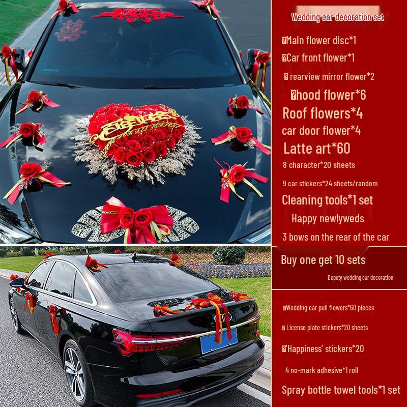 Complete Wedding Car Decoration Set: Front Flower Main Car and Lead Car Arrangement
