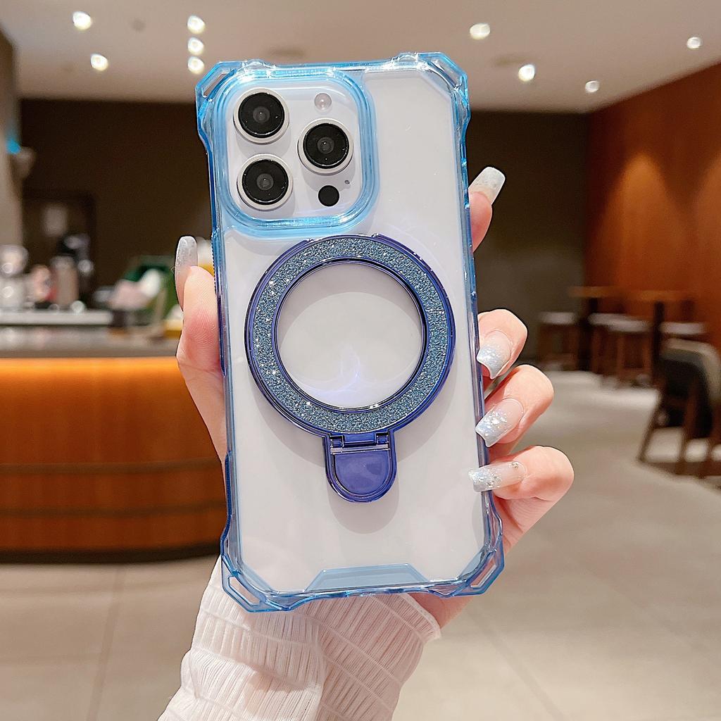 For iPhone 16 Pro Max Case Glitter Magnetic Kickstand Reinforced Corners Acrylic+TPU Phone Cover