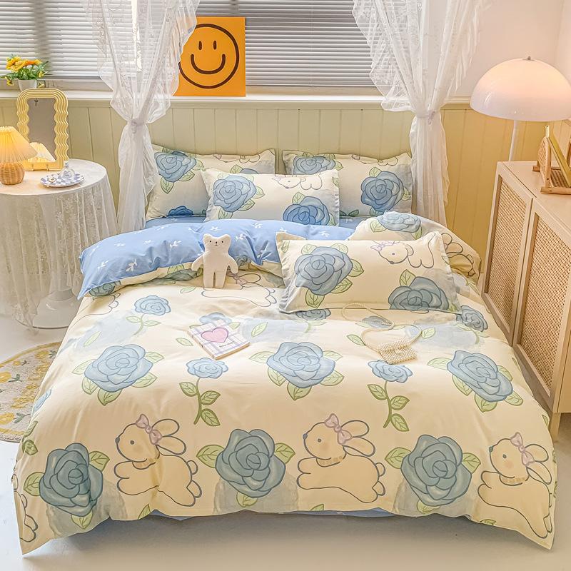 Pure Cotton Abraded Bedding Four-piece Set, Bed Sheet Quilt Cover, Dormitory Cotton Three-piece Set