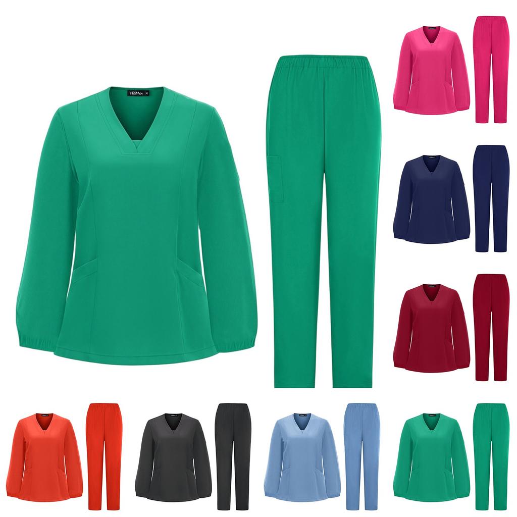 Women's Quick Drying Fabric Solid Color V-neck Pocket Long Sleeve Pants Set Workwear