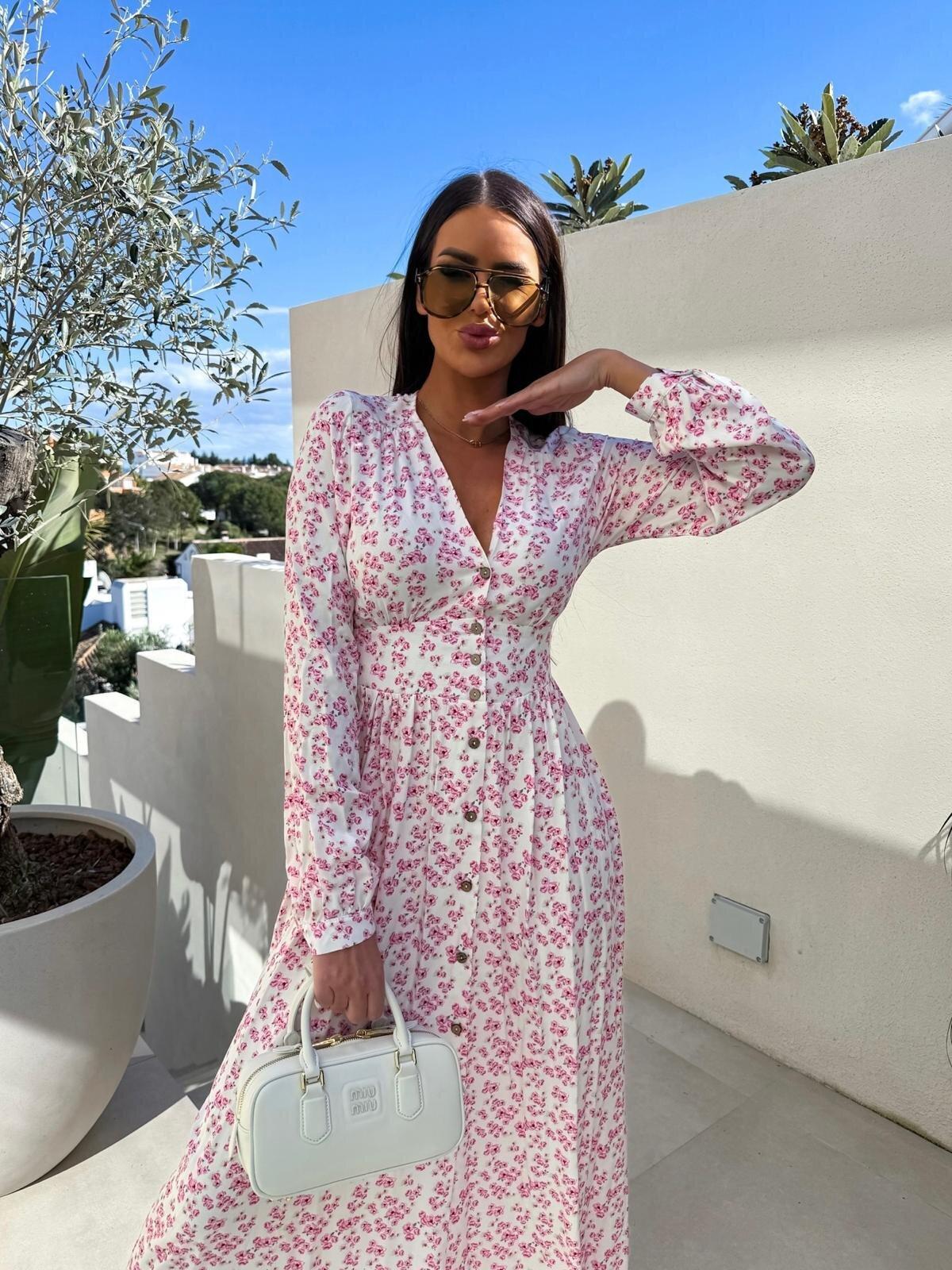 New, autumn fashion casual V-neck button long-sleeved floral waist dress women S розовый