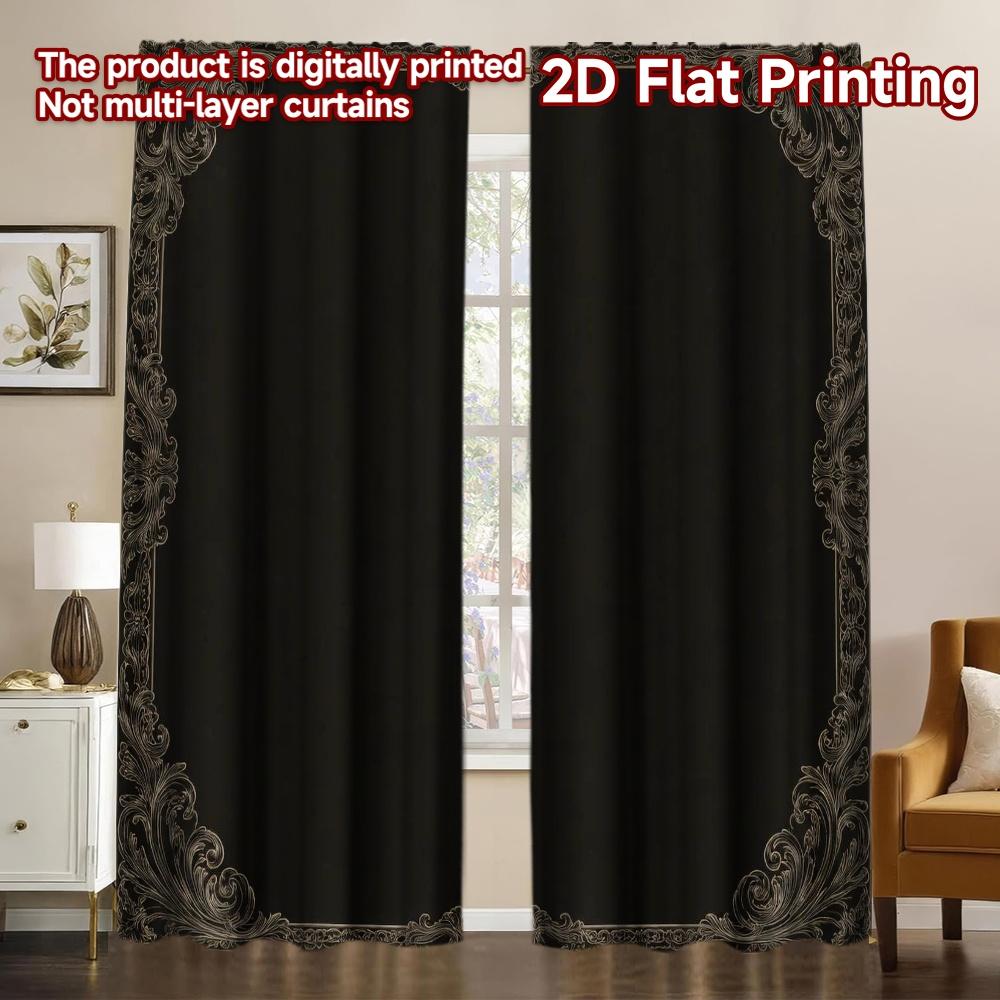 2D FLAT PRINTING 2pcs Curtains (Without Rod) Vintage Ornate Border Frame Popular Curtain Fabric Yarn Curtains Romantic Use for